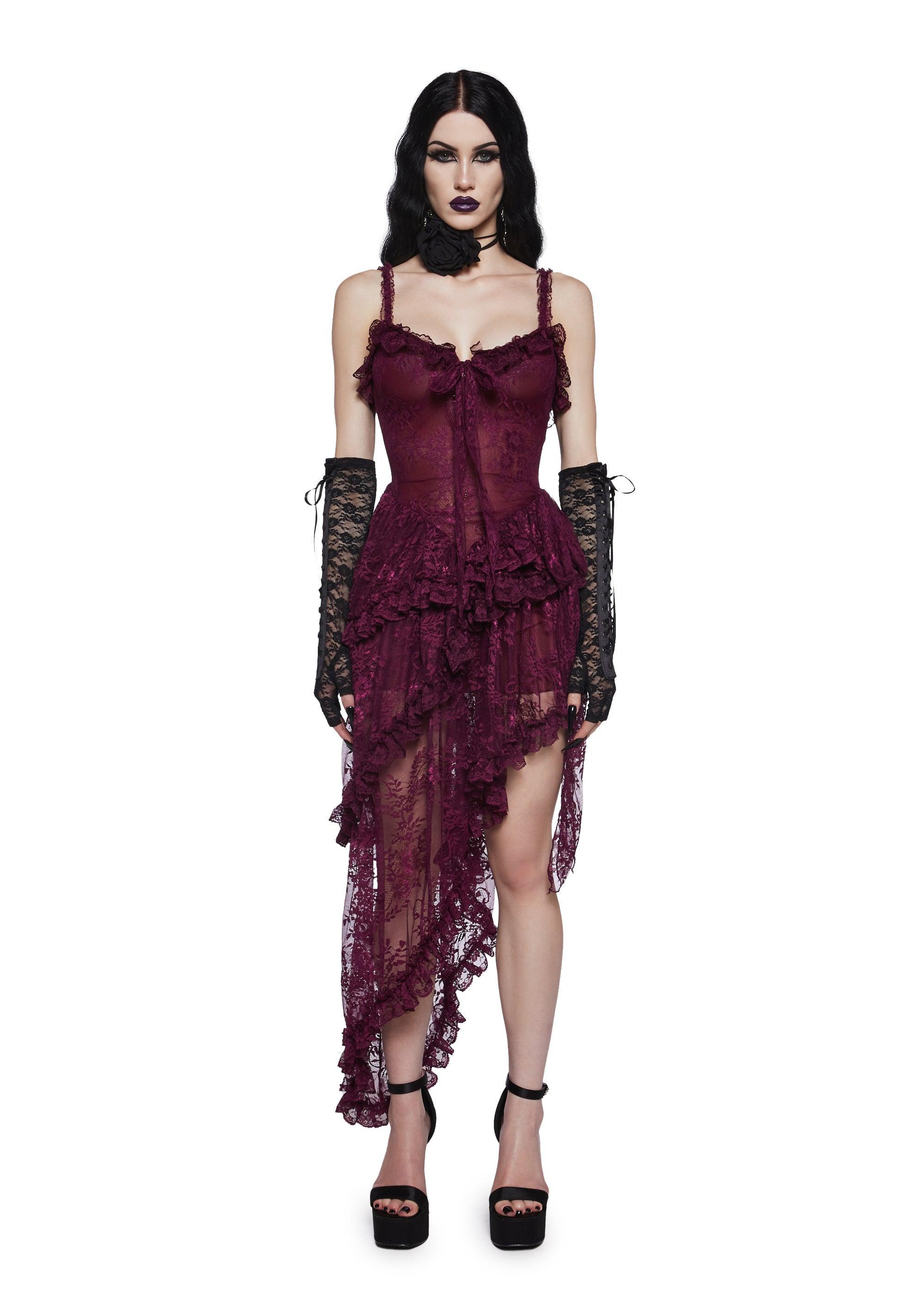 Lace Ruffled Asymmetrical Midi Dress Widow - Dark Red Product Image