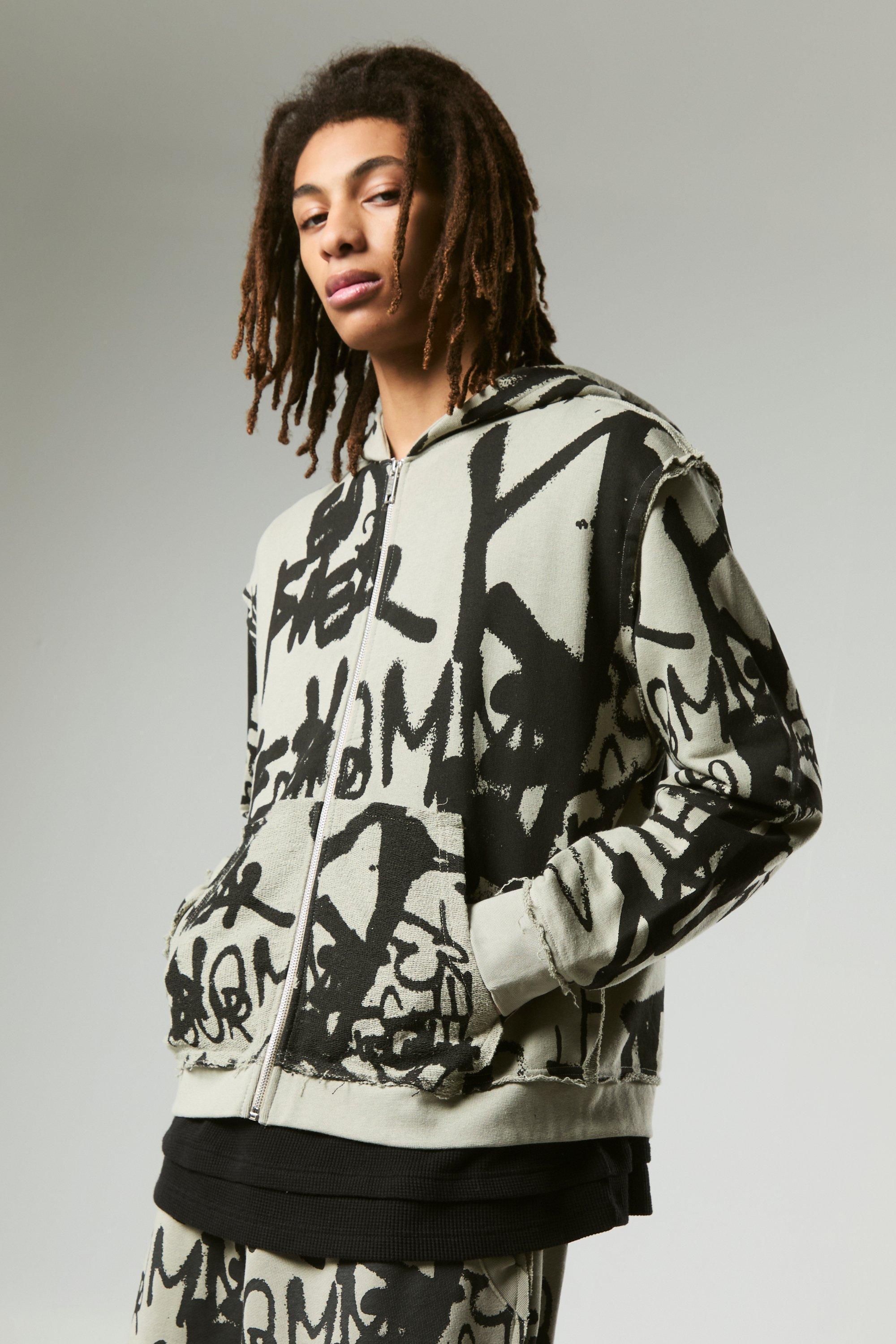 Oversized Boxy Graffiti Print Zip Through Loopback Hoodie | boohooMAN USA Product Image