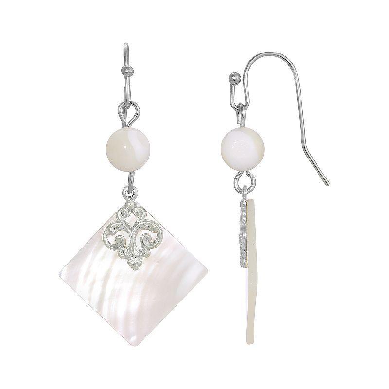 1928 Jewelry Silver Tone Mother Of Pearl Shell Stone And Bead Drop Earrings, White, No Size Product Image