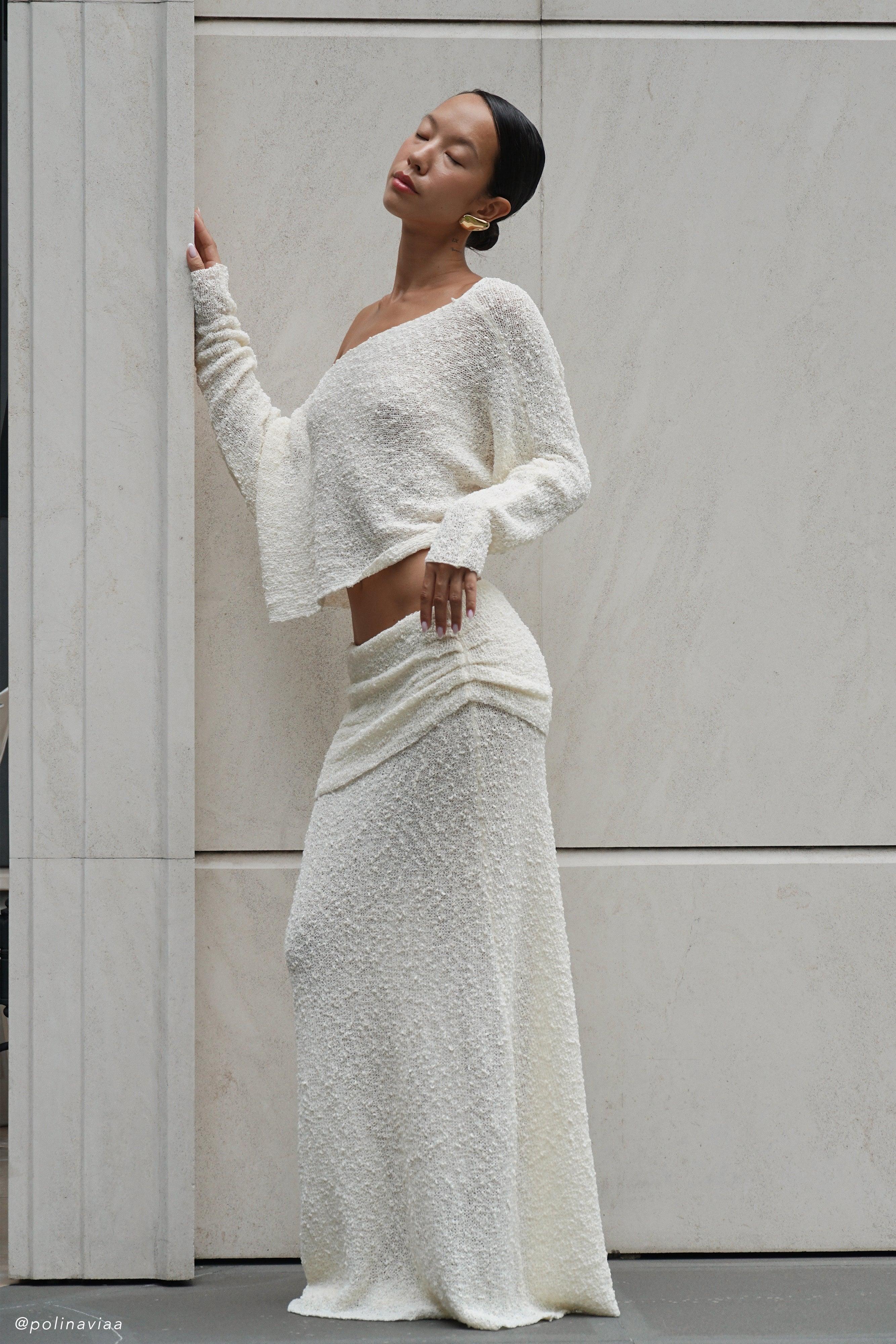 Petra Ruched Knit Maxi Skirt - Ivory Product Image