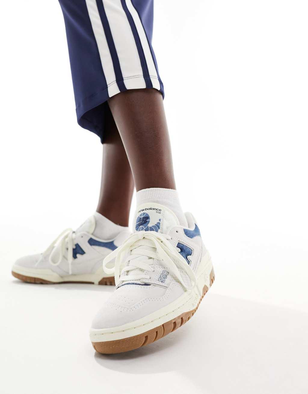 New Balance 550 gum sole sneakers in white with denim blue detail Product Image