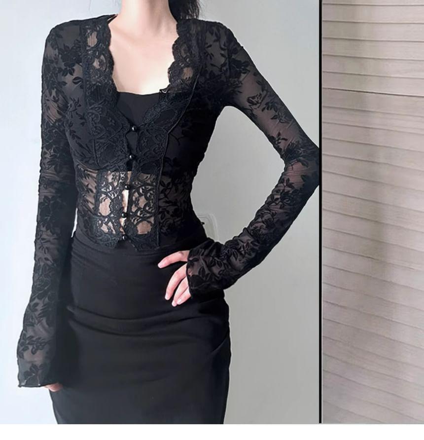 Long-Sleeve V-Neck Lace Crop Top Product Image