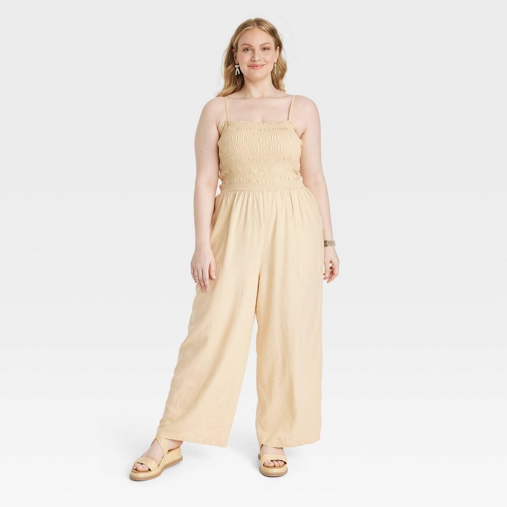 Womens Smocked Linen Maxi Jumpsuit - Universal Thread Tan 3X Product Image