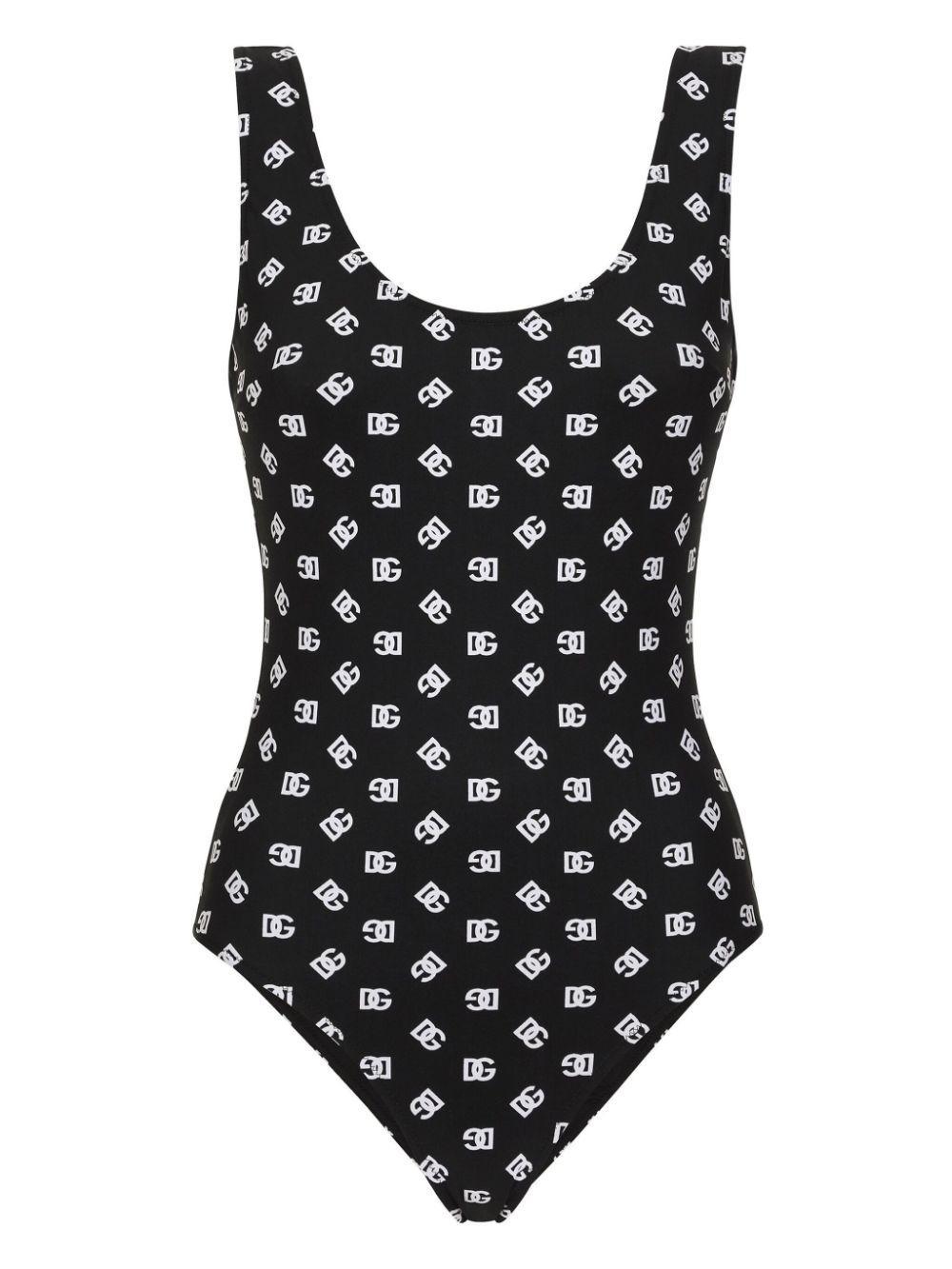 DOLCE & GABBANA One-piece Racing Swimsuit With Dg Logo Print In Black Product Image