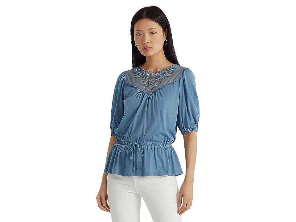 LAUREN Ralph Lauren Lace-Trim Jersey Peplum Top (Provincial Blue) Women's Clothing Product Image