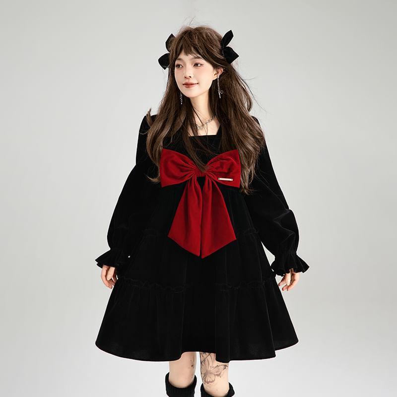 Long Sleeve  Square Neck Bow Velvet Mini A-Line Dress Product Image