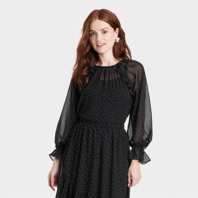 Womens Long Sleeve Ruffle Blouse - A New Day Black Polka Dots XS Product Image