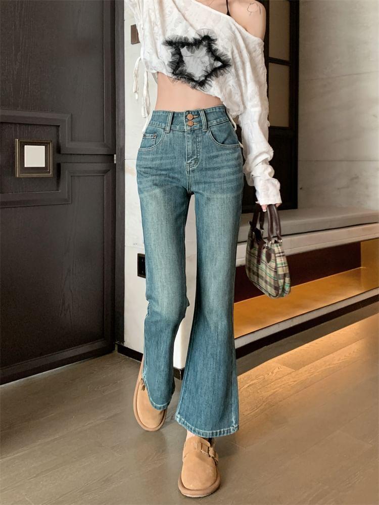 High Waist Washed Bootcut Jeans Product Image