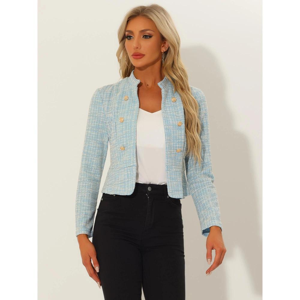 Allegra K Women's Tweed Stand Collar Business Open Front Cropped Jacket Light Blue Small Product Image