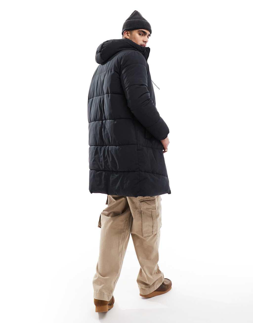 Jack & Jones Originals long hooded puffer jacket with logo detail in black  Product Image