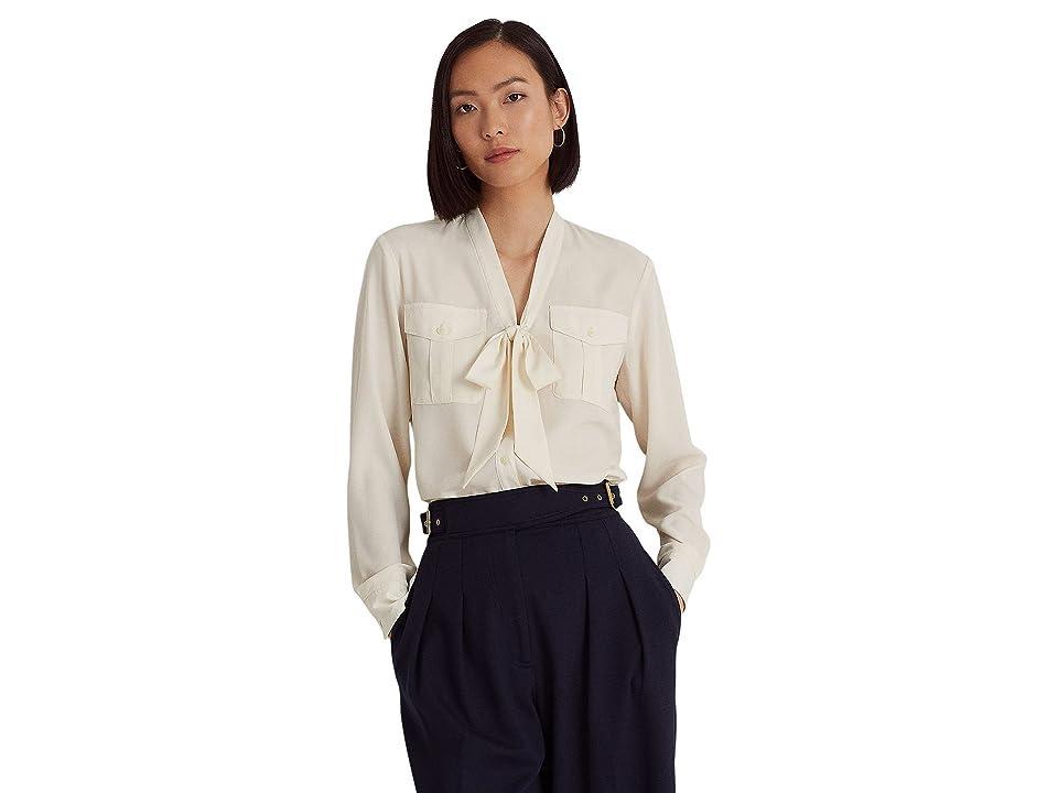 Lauren Ralph Lauren Crepe Tie-Neck Shirt (Mascarpone Cream) Women's Clothing Product Image