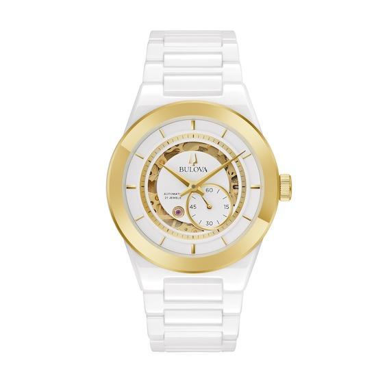 Men's Bulova Modern Millenia Two-Tone Automatic Ceramic Watch with White Skeleton Dial (Model: 98A290) Product Image