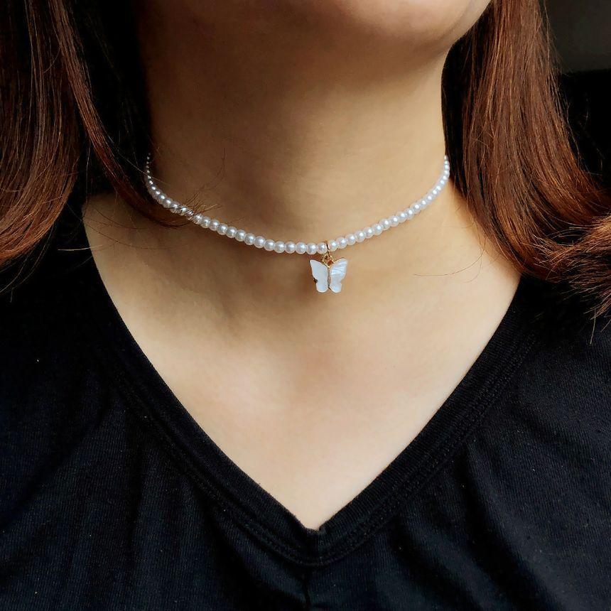 Butterfly Cat Eye Stone Pendant Faux Pearl Choker Product Image