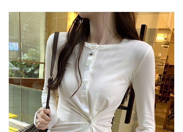 Long-Sleeve Button-Up Twisted Plain Top Product Image