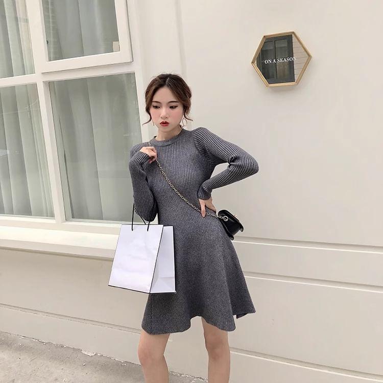 Long Sleeve Crew Neck Plain Ribbed Knit Mini A-Line Dress Product Image