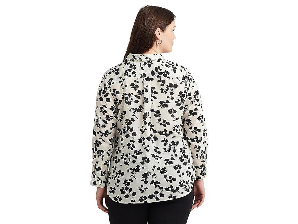 Lauren Ralph Lauren Plus-Size Classic Fit Leaf-Print Voile Shirt (Cream/Black) Women's Clothing Product Image