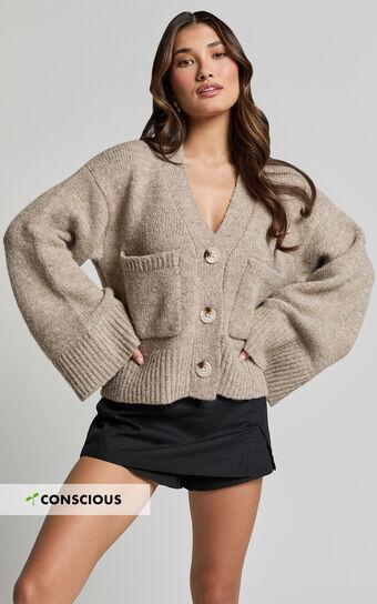 Becka Cardigan - Oversized Recycled Knitted Button Through Cardigan in Biscuit Product Image