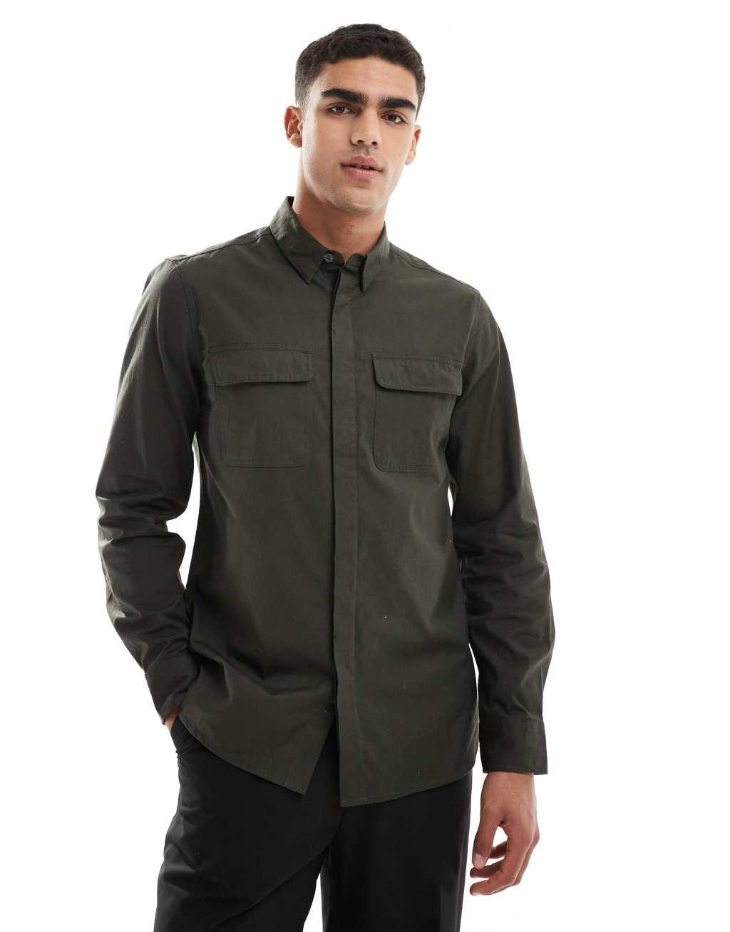 French Connection shirt with double breast pockets in khaki Product Image