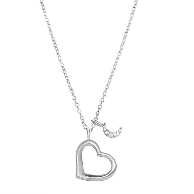 PRIMROSE Sterling Silver Cubic Zirconia Moon & Polished Open Heart Pendant Necklace, Womens Product Image