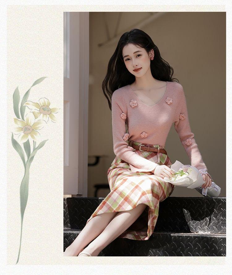 Set: Long-Sleeve V-Neck Plain Top + High Waist Plaid Midi Skirt Product Image