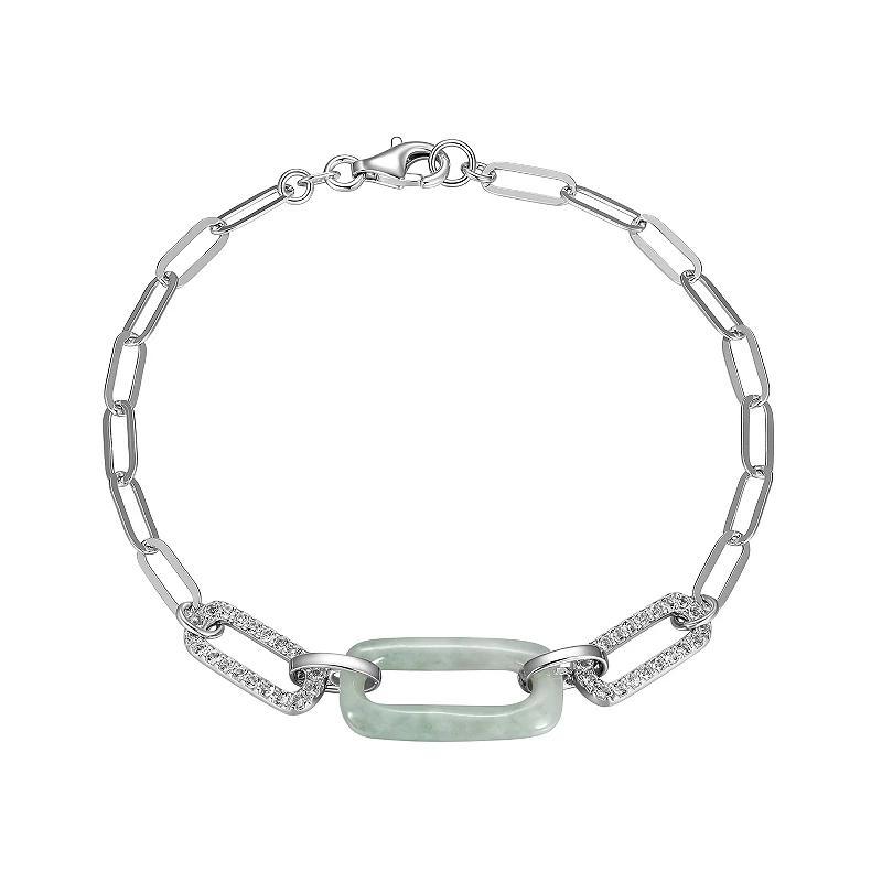 Dynasty Jade Sterling Silver Genuine Jade & White Topaz Paperclip Chain Bracelet, Womens Product Image