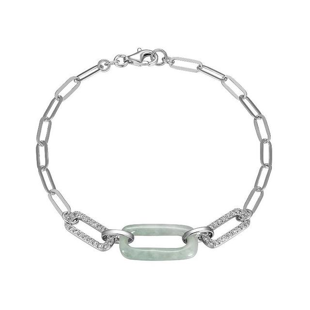 Dynasty Jade Sterling Silver Genuine Jade & White Topaz Paperclip Chain Bracelet, Womens Product Image