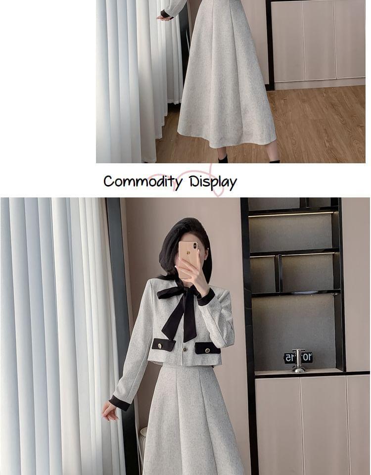 Set: Tie Neck Panel Button Jacket + High Rise Midi A-Line Skirt Product Image