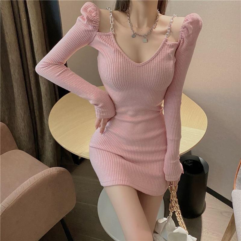 Long-Sleeve V-Neck Plain Chain Strap Ribbed Knit Mini Bodycon Dress Product Image