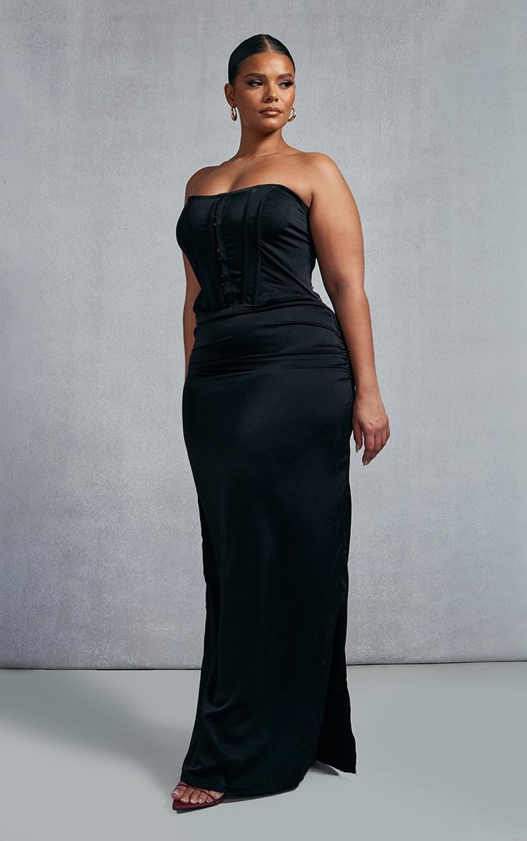 Plus Black Satin Corset Bandeau Maxi Dress Product Image