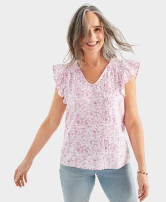 Style & Co Womens Printed Cotton Gauze Flutter Sleeve Top, Created for Macys Product Image