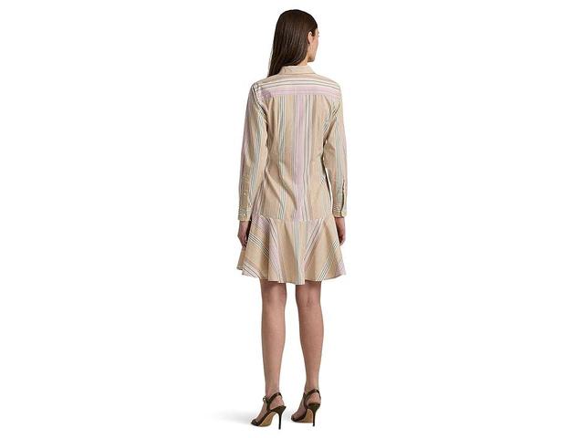 LAUREN Ralph Lauren Striped Tie-Waist Broadcloth Shirtdress Lilac/Cream Multi) Women's Dress Product Image