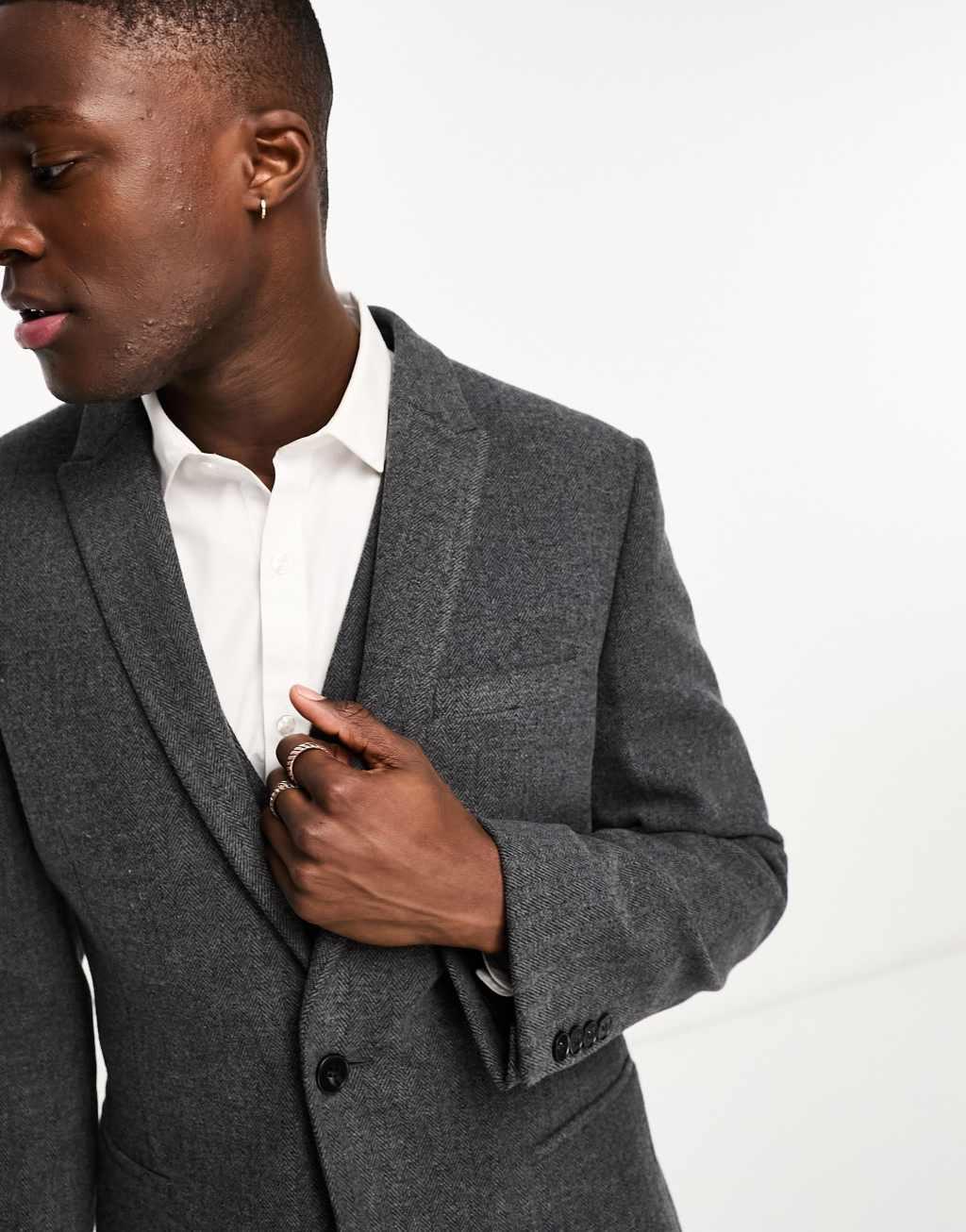 ASOS DESIGN slim wool mix suit jacket in herringbone in charcoal Product Image