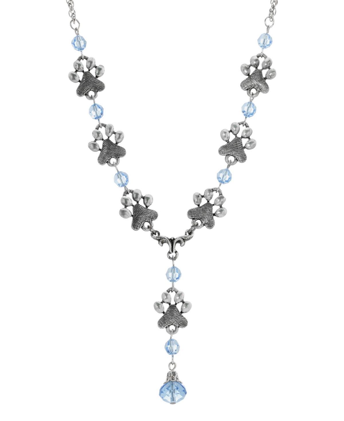 1928 Pewter Pawprint Light Blue Glass Bead Y-Necklace, Womens Product Image