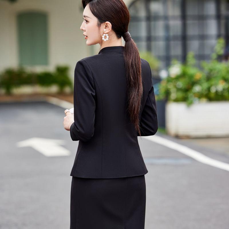 Collarless Plain Single Breasted Blazer / Sleeveless Crew Neck Plain Midi Sheath Dress Product Image