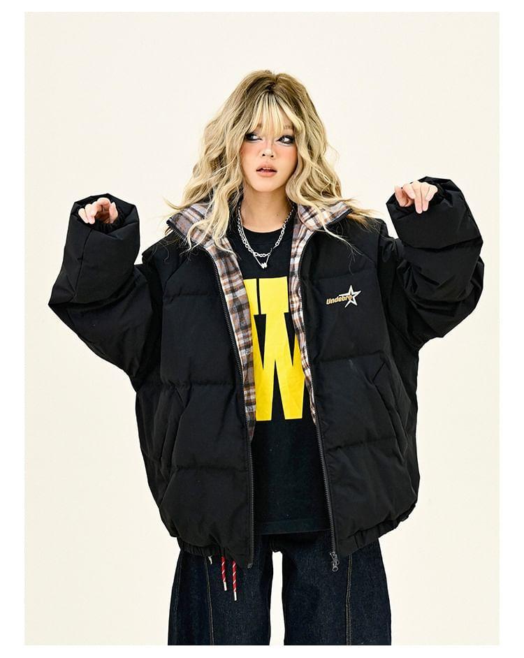 Hooded Plaid Panel Lettering Zip Puffer Jacket Product Image