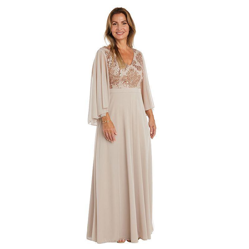 Womens R&M Richards Embroidered Sequin Bodice Dress with Cape Sleeves Beige Product Image