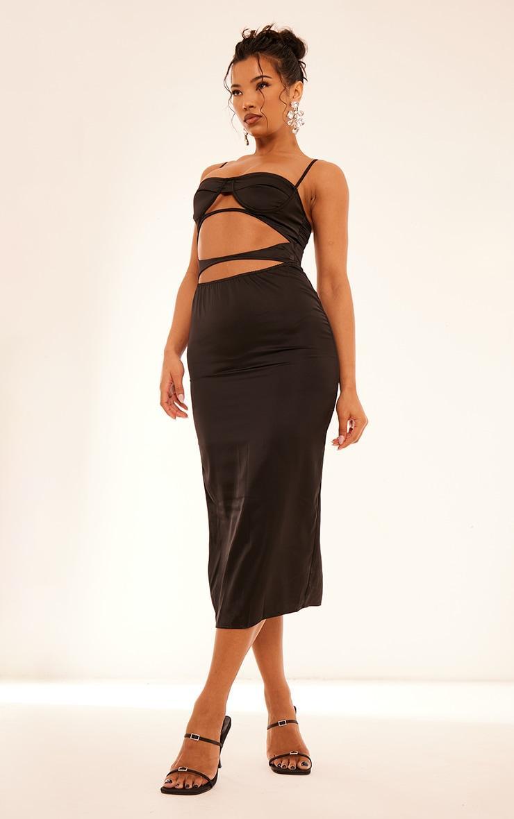 Black Satin Cut Out Cup Detail Midaxi Dress Product Image