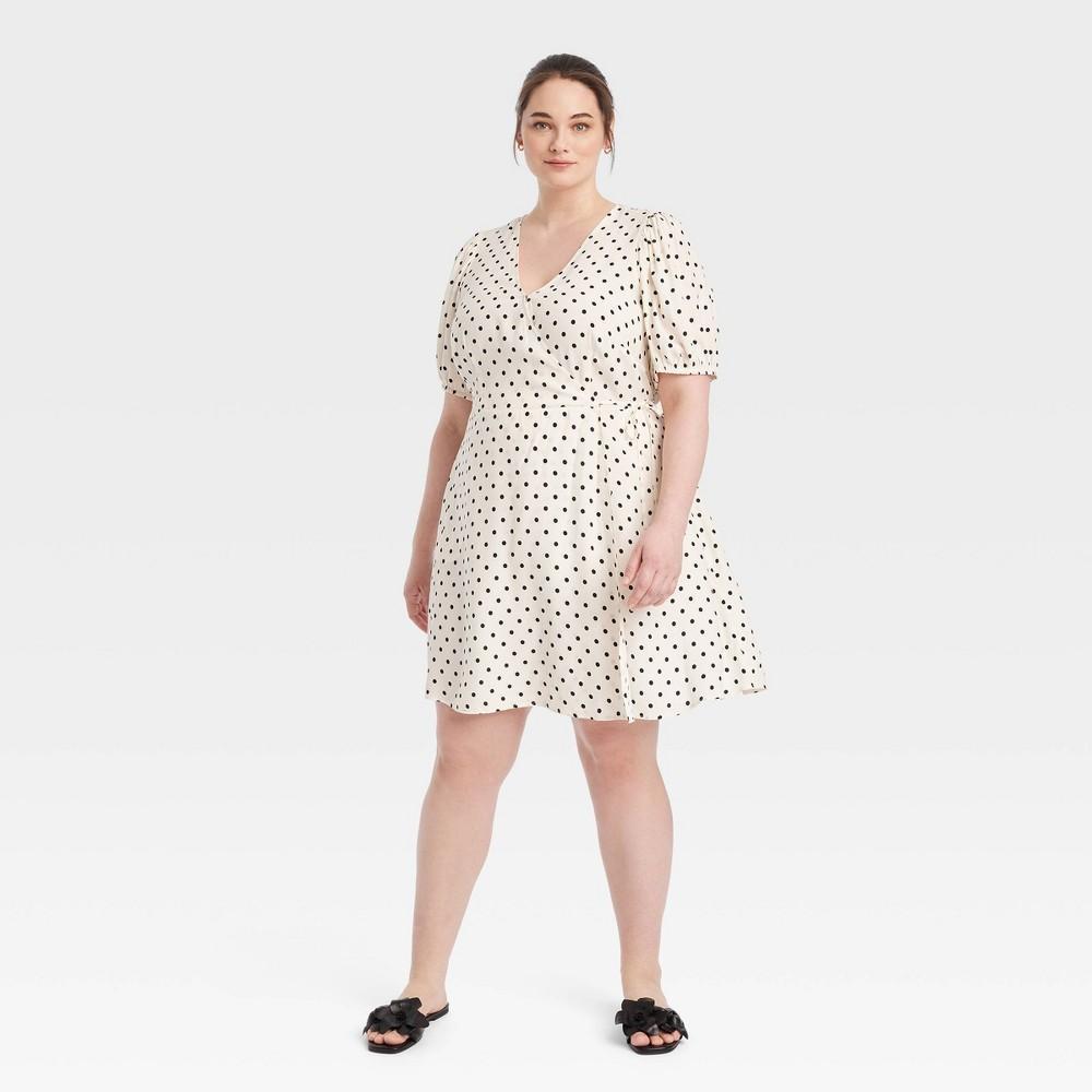 Womens Balloon Short Sleeve Mini Wrap Dress - A New Day Cream/Black Polka Dots 1X Product Image