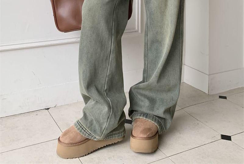 High Rise Fleece-Lined Washed Wide Leg Jeans Product Image