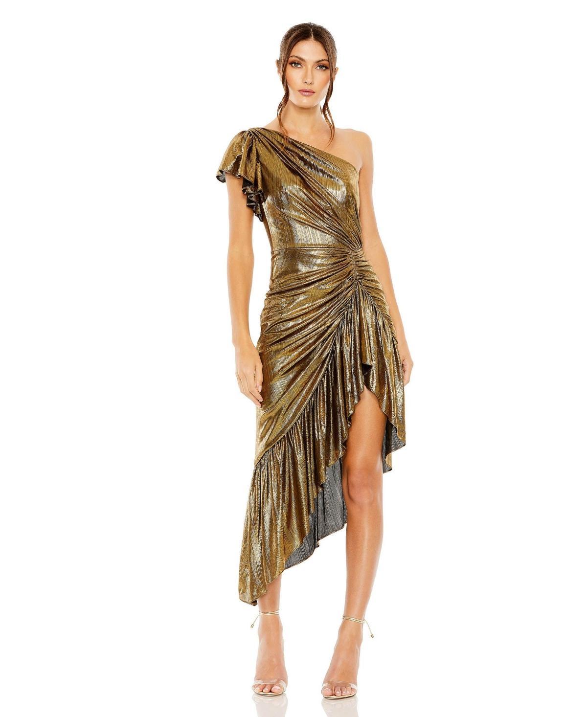 Ieena for Mac Duggal Metallic One-Shoulder Flutter Sleeve Cocktail Dress Product Image