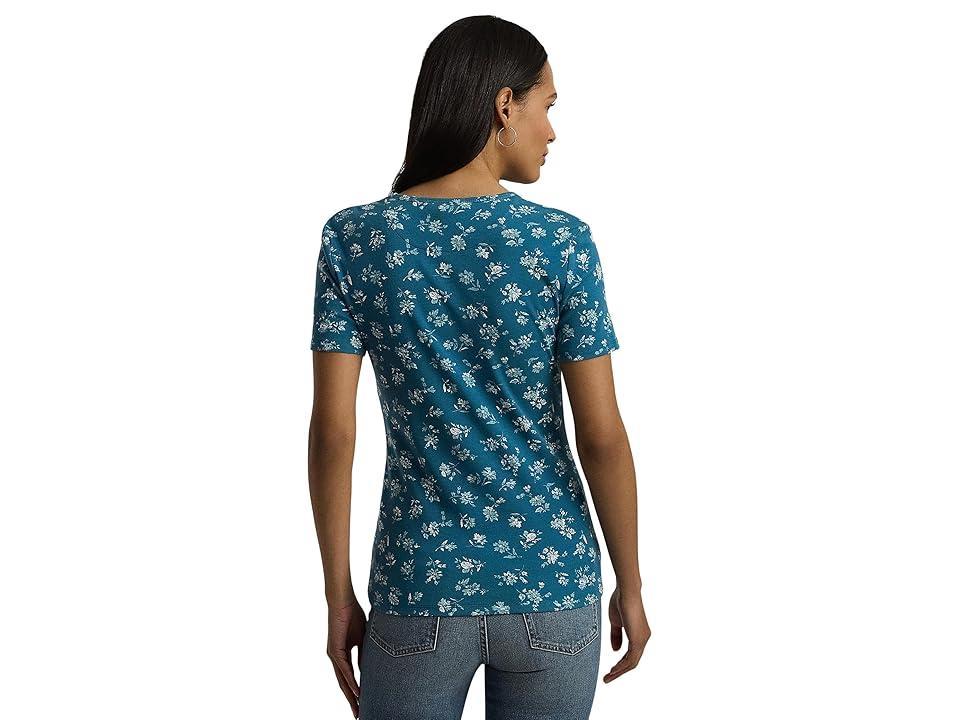 Lauren Ralph Lauren Floral Stretch Cotton Crewneck Tee (Indigo Multi) Women's Clothing Product Image