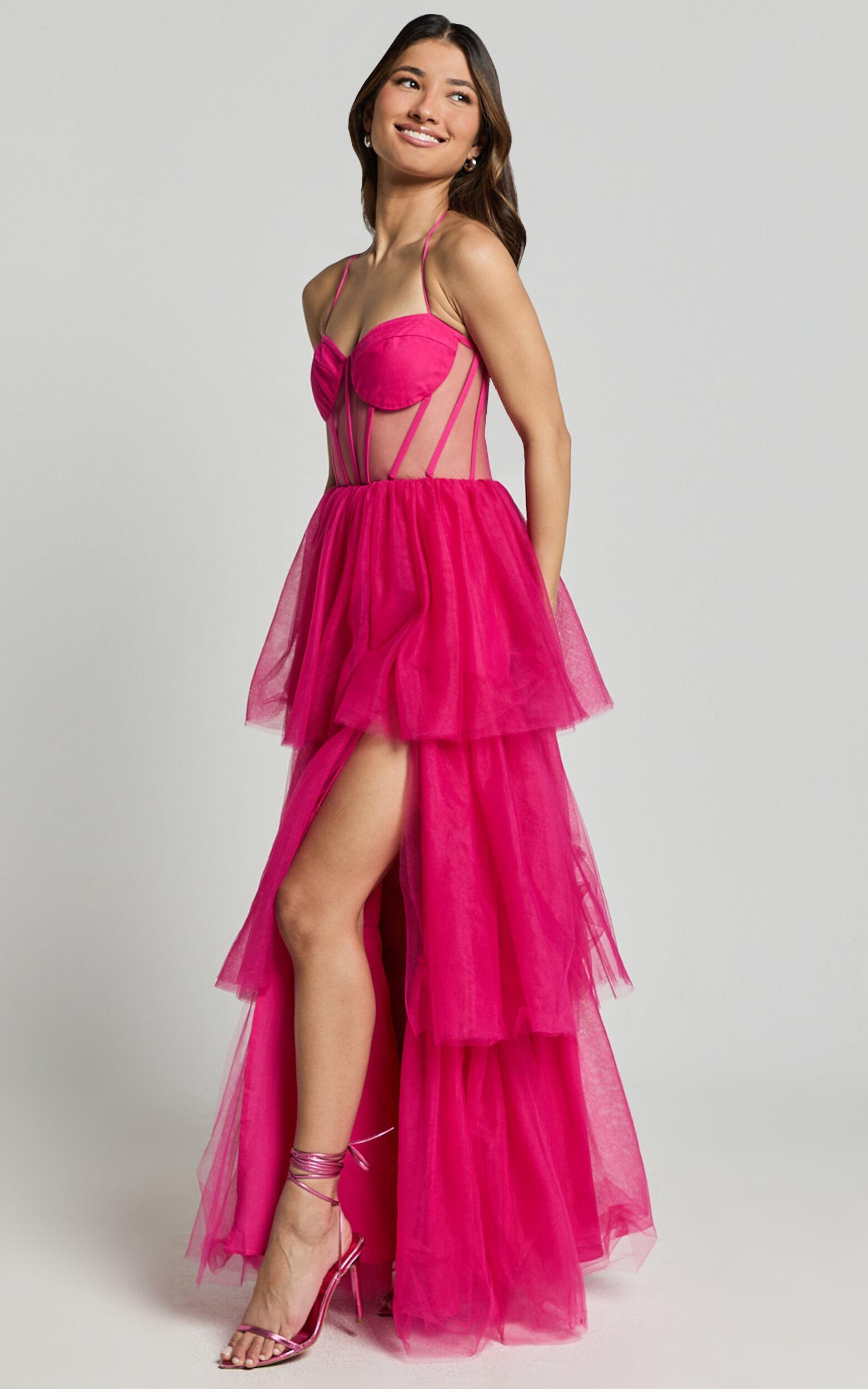 Ariel Maxi Dress - Tiered Tulle Bustier Halter Dress in Hot Pink Product Image