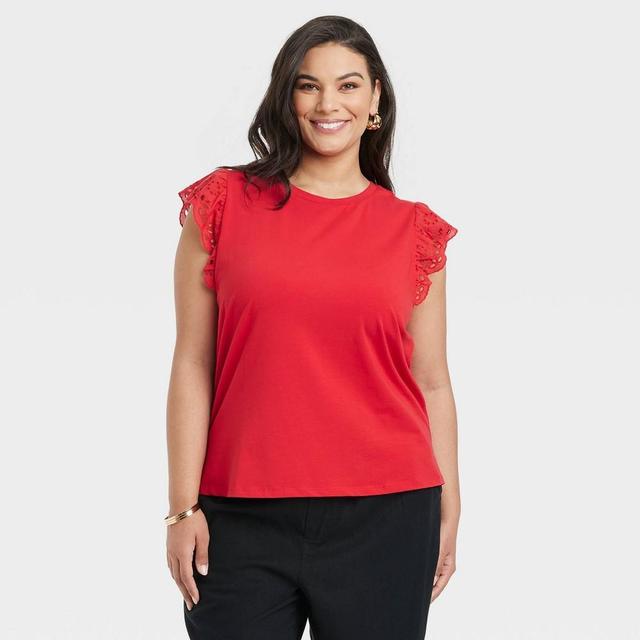 Womens Eyelet Flutter Short Sleeve T-Shirt - Ava & Viv Red 4X Product Image