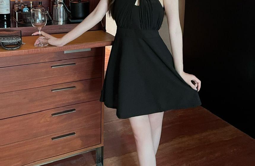 Spaghetti Strap Plain Ruched Panel Mesh Mini A-Line Dress Product Image