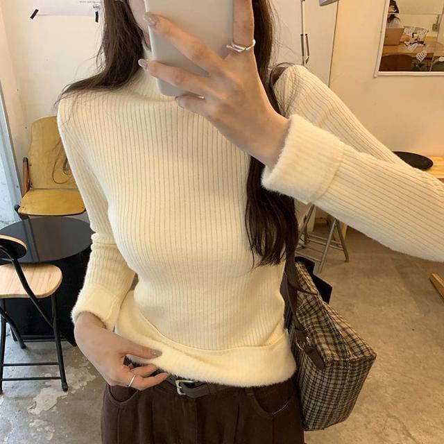 Mock Neck Plain Ribbed Sweater Product Image