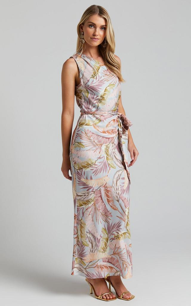 Adea Midi Dress - Asymmetric One Shoulder Slip Dress in Blue Lagoon Leaf Print Product Image