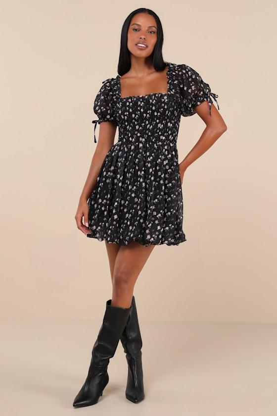 Delightful Crush Black Floral Smocked Puff Sleeve Mini Dress Product Image