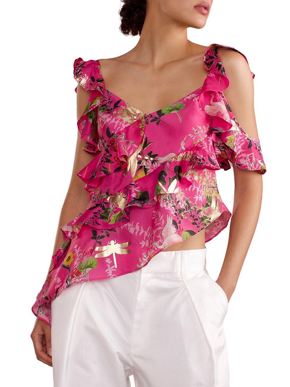 Womens Silk Asymmetrical Hem Ruffle Blouse Product Image