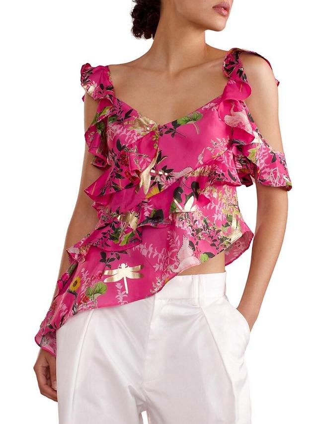 Womens Silk Asymmetrical Hem Ruffle Blouse Product Image