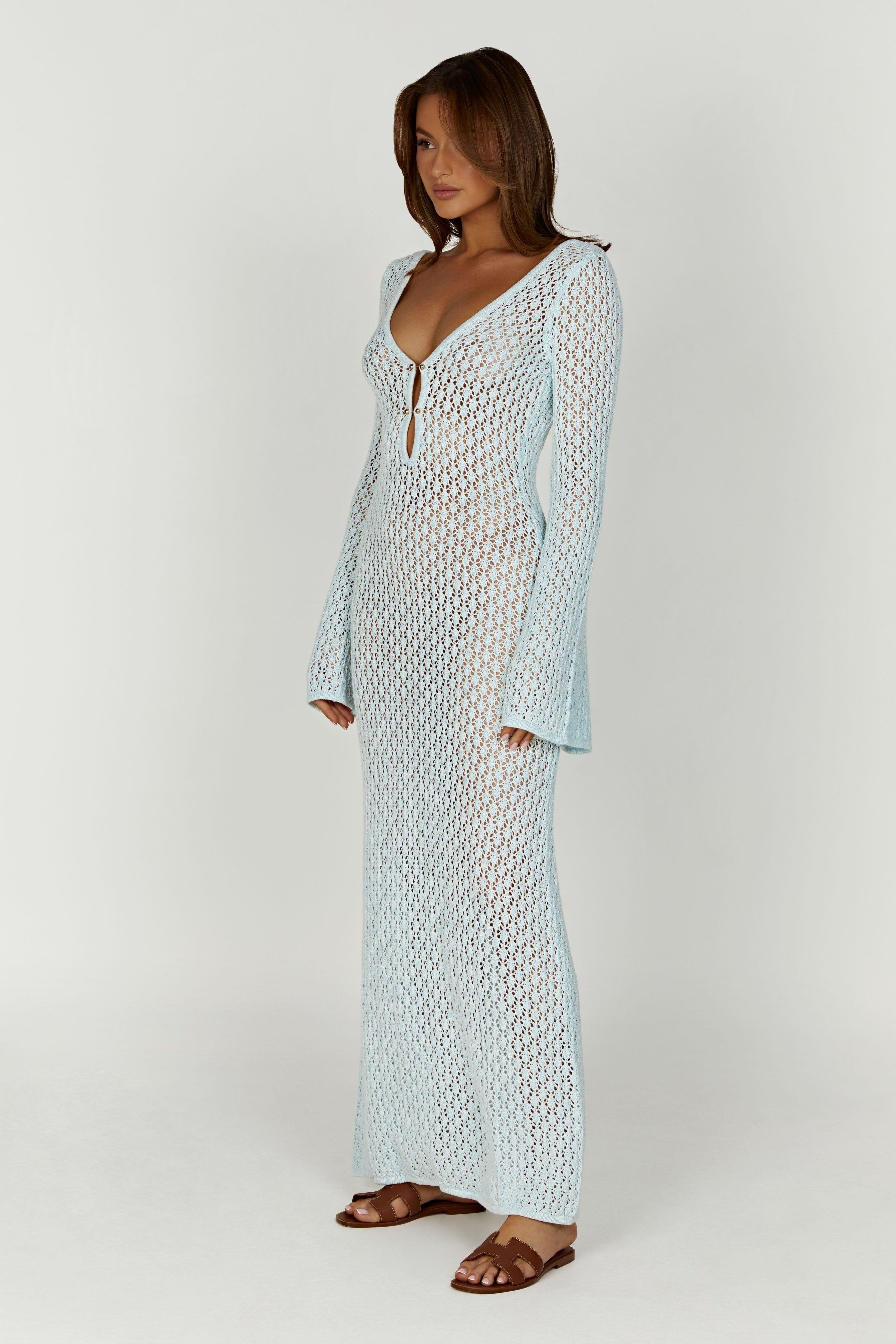 Kayleigh Crochet Fishtail Flare Sleeve Maxi Dress - Arctic Blue Product Image